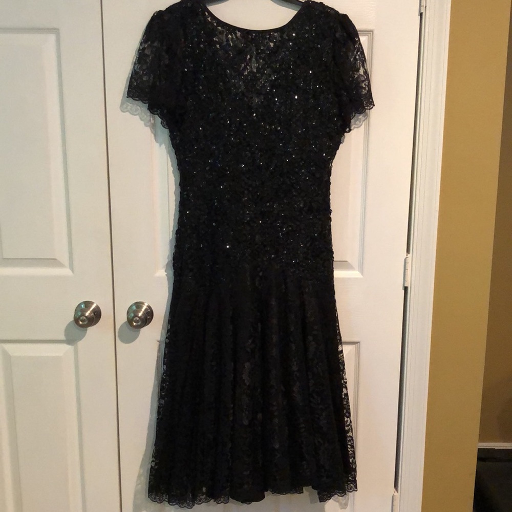 Black with sequins, short sleeves, lace dress.